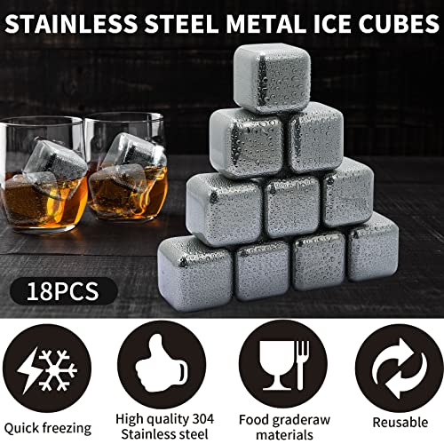 Nanaso 18Pcs Metal Ice Cube,Reusable Whiskey Stones,Stainless Steel Ice Cubes,Refreezable Chilling Ice Cubes,Metal Chilling Rocks With Tongs And Drawstring Bag For Whiskey Vodka Juice Milk Soda #TOP2
