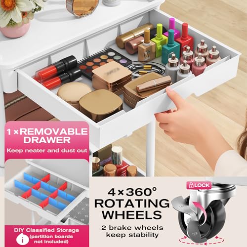 Image of Goovilla Rolling Makeup Organizer Cart with Removable Drawer, 4 Tier Stable White Floor Skincare Storage Cart for Vanity, Cosmetic Display, Nail Polish, Perfume, Hair Stuff, Beauty, Bathroom(Plastic)