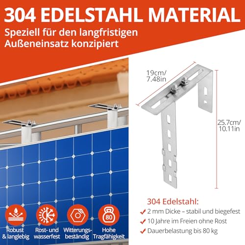 GETLITOOL 4×Solar Balkonkraftwerk Halterung 65-190MM Verstellbare Balkonhalterung für Solarmodule, Edelstahl 304 Balkon Haken Set, Solarpanel Halterung Kein Bohren zur Runde Eckig Balkongelände