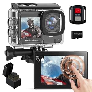 4K 60FPS Touchscreen Action Camera, Waterproof Camera with 64GB SD Card Pre-Recording 24MP Underwater Camera 131FT Sports Cameras 170° WIFI Cameras with 2*1350mAh Batteries Helmet Accessories Kit