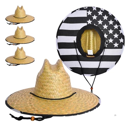 NESTANZA 3 Pack Straw Hats for Men Lifeguard Straw Hat Wide Brim Sun Hat for Men Black White American Flag Undervisor Natural Seagrass Straw Adjustable Chin Strap
