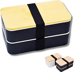 Marmita Bento Box com 2 Compartimentos Divisória e Talheres Dois Andares Premium Tampa em Bambu Compacta Fechamento Seguro com Elástico – Ideal para Almoço e Refeições em Movimento (Preto)