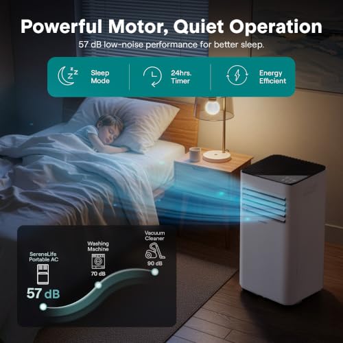 Image of SereneLife Portable Conditioner, 8000 BTU 3-in-1 Compact Standing Air Conditioner for Rooms Up to 300 Sq. Ft., Energy Efficient Floor AC Unit with Remote Control, Universal Casters, Window Mount Kit
