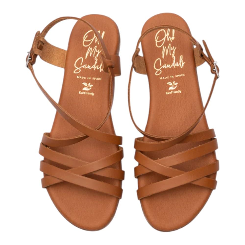 Sandalia Plana de Piel para Mujer - Modelo Brenda - Color Roble - Oh! My Sandals - Cuero