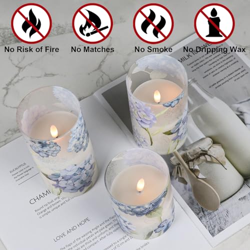 Image of Rechargeable Hydrangea Glass Flameless Candles with Remote Timer Battery Operated LED Flickering Pillar Candles Real Wax Spring Dinner Christmas Holiday Decor D3 x H4, 5 inch, 6 inch