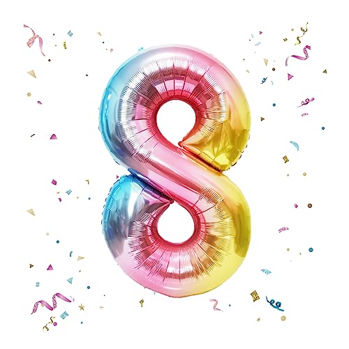 Image of 40 Inch Giant Rainbow Number 8 Balloons, Birthday Balloons, Helium Mylar Foil Big Number Balloons for Birthday Party Decorations, Kids' Birthday Anniversary Party Baby Shower Unicorn Parties