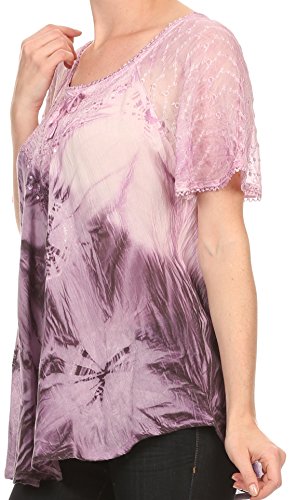 Image of Sakkas Taylay Ombre Tie Dye Batik Long Embroidered Corset Neck Blouse Shirt Top