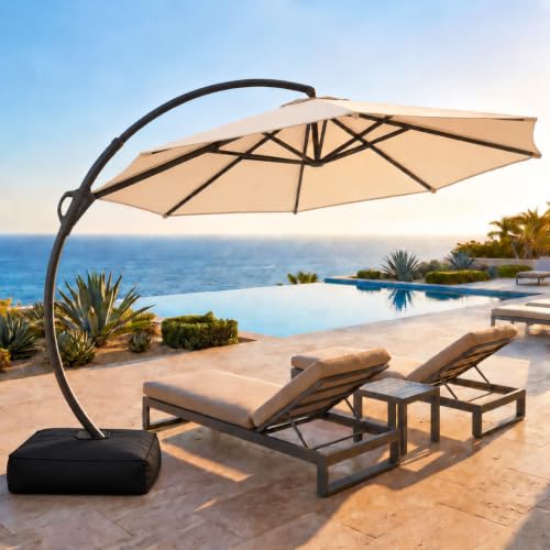 LAUSAINT HOME 11ft Patio Cantilever Umbrella with Base Included, Outdoor Curvy Round Offset Umbrella, 360° Rotation for Pool, Deck, Lawn, Backyard(Champagne)