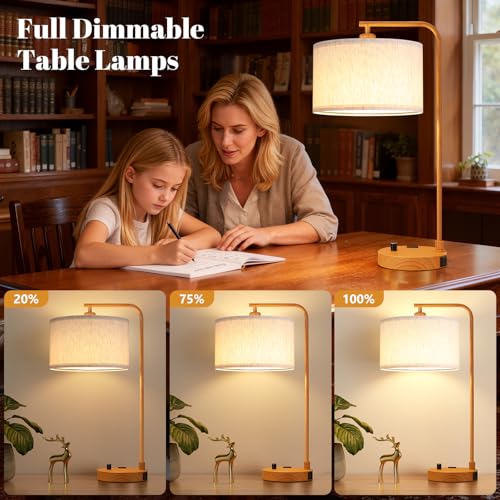Innqoo Bedside Table Lamps for Bedroom Set of 2-Dimmable Nightstand Lamps with USB Port and Outlet,Modern Wood Lamps with Linen Shade,Tall Desk Lamps for Home Office Bedroom Living Room End Table — view 2