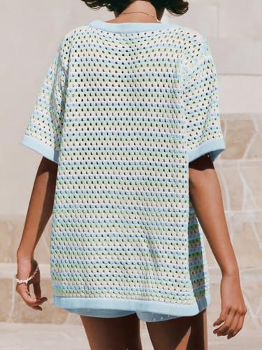 Image of Saodimallsu Womens Crochet Swimsuit Coverup Summer Beach Sets Striped Knit Short Sleeve Button Shirts 2 Piece Short Set