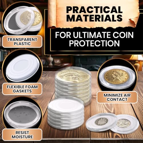 Image of Climberty 60 Pcs Coin Box with 5 Sizes Protective Gasket, Clear Plastic Coin Capsule Holder for 17-40mm Coins, Tokens, Medals, Collecting Storage Organizer