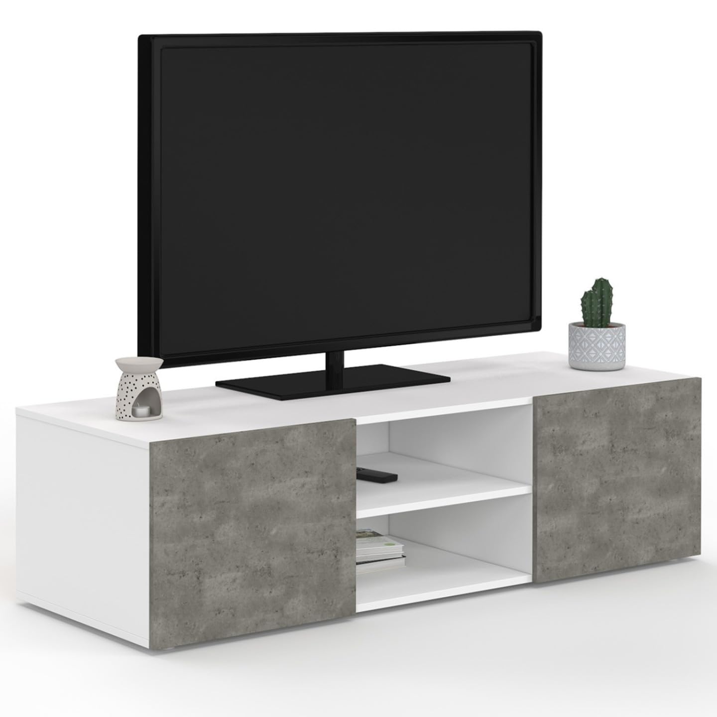 IDMarket - Meuble TV 113 cm ELI Blanc Portes Effet béton