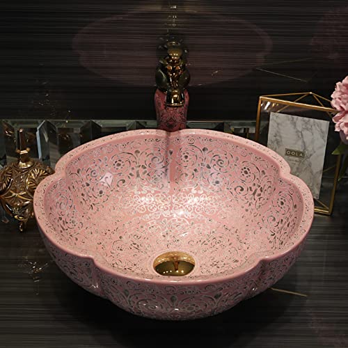 Bathroom Vessel Sinks Southeast Asian Style Pink Color Art Ceramic Countertop Sink For Vanity Above