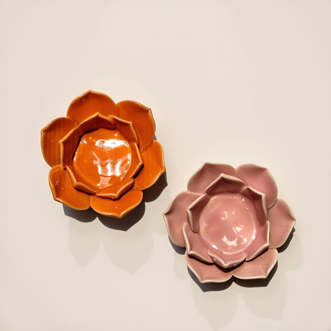 Kraftlik Handicrafts Ceramic Flower Candle Holder Lotus Diya – Set of 2 | Decorative Tealight Holder for Pooja Room, Temple & Home Décor | Traditional Festival Decoration (Pink-Orange)-image-20