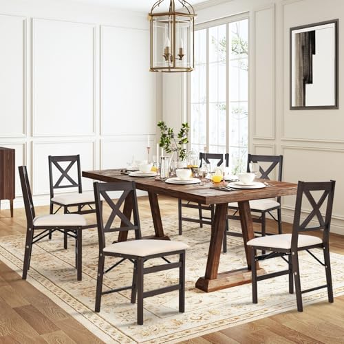 Image of COLAMY Folding Dining Chairs Set of 6, Wood Foldable Dining Room Kitchen Chairs with Padded Seats and Cross Back for Dinner, Restaurant, Camping, Beige