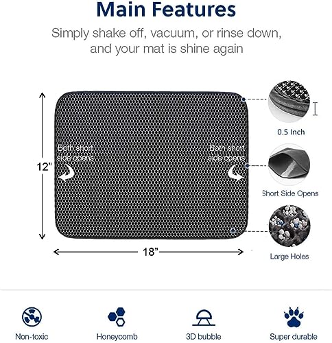 Image of Simonpac Cat Litter Mat 12 in x 18 in Litter Mat Double Layer Open Edge Design, Waterproof Urine Proof Trapping, EVA Material, Durable, Washable, Cat Litter Box, Cat Litter Tray (Black)