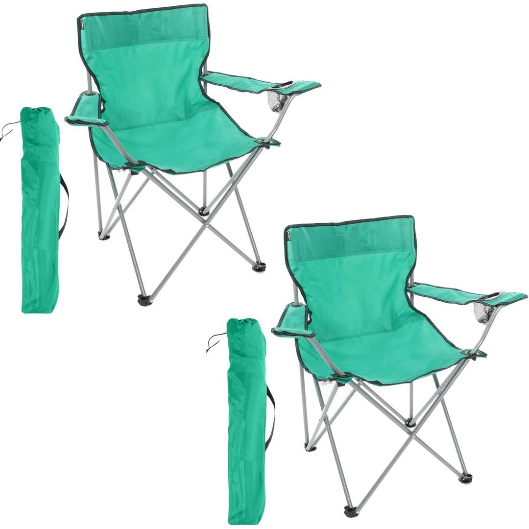 LOVETRENDS Green Folding Camping Chairs with Cup Holder - Pack of 2 - Lightweight Outdoor Chairs with Carry Bag for Fishing, Festivals, Camping Trips, Picnics & Activities
