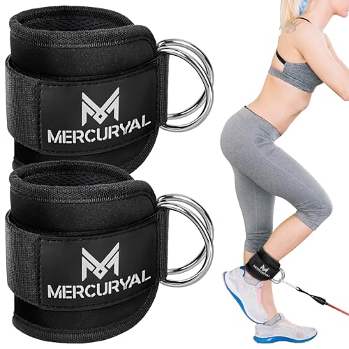 MERCURYAL 2 Tobilleras Poleas Gym V3 - Tobillera para Polea Acolchado para Mujeres y Hombres - Accesorios Gym - Correa Tobillos Gym para Máquina de Cable Fitness y Gimnasio (Negro)