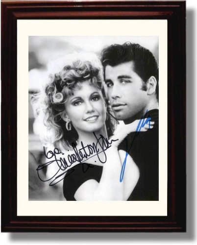 Framed Olivia Newton John and John Travolta Autograph Replica Print - Grease Black and White