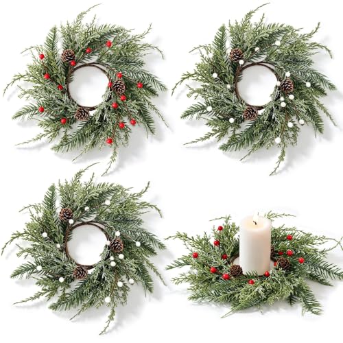 Image of 4 PCS Fall Candle Ring Wreaths Artificial Autumn Candle Holder Wreath | Thanksgiving Candle Ring with Berries Eucalyptus Forsythia for Farmhouse Harvest Pillar Candles Table Centerpiece Decor