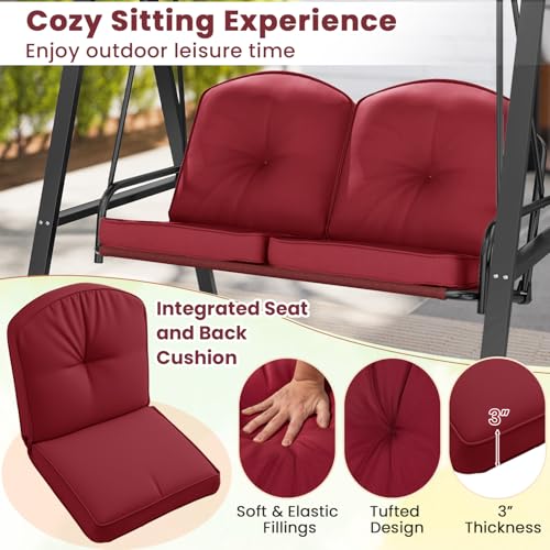 Image of Tangkula 2 Person Porch Swing, Patio Swing with Adjustable Canopy, Heavy-Duty Metal Frame & Soft Cushion, Outdoor Swing for Backyard, Garden (Wine)