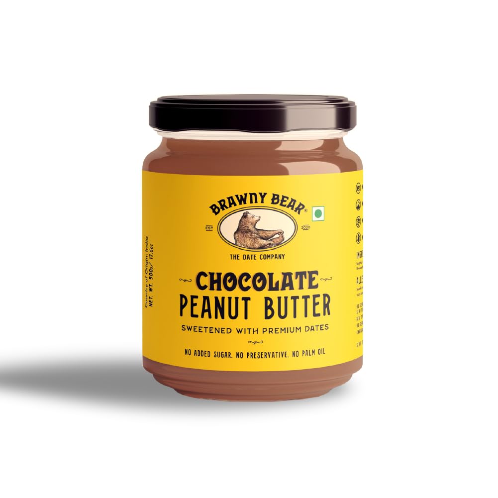 Brawny Bear Peanut Butter Chocolate Flavour, 100% Natural Sweetened with Dates, Healthy Nut Butter with No Added Sugar & Preservatives, Vegan, High in Protein Spread – 500 gm