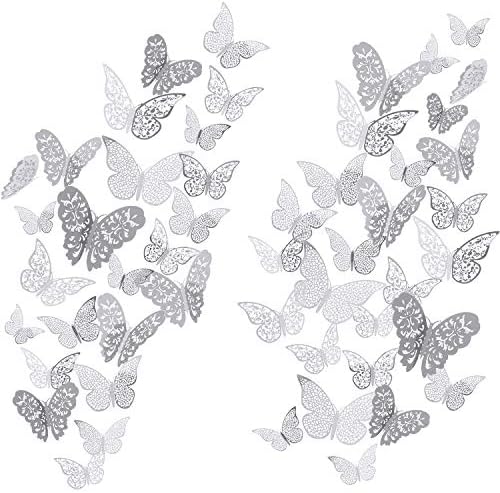 Bememo 72 Pieces 3D Butterfly Wall Decals Sticker Wall Decal Decor Art Decorations Sticker Set 3 Sizes for Room Home Nursery Classroom Offices Kids Girl Boy Bedroom Bathroom Living Room Decor (Silver)