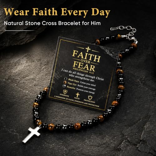 Beaded Cross Necklace Gifts for Men - Triple Protection Black Onyx Obsidian Tiger Eye Natural Stone Necklace Stainless Steel Cross Pendant Stress Relief Balance Faith Jewelry Gifts for Husband Dad Son - image 5