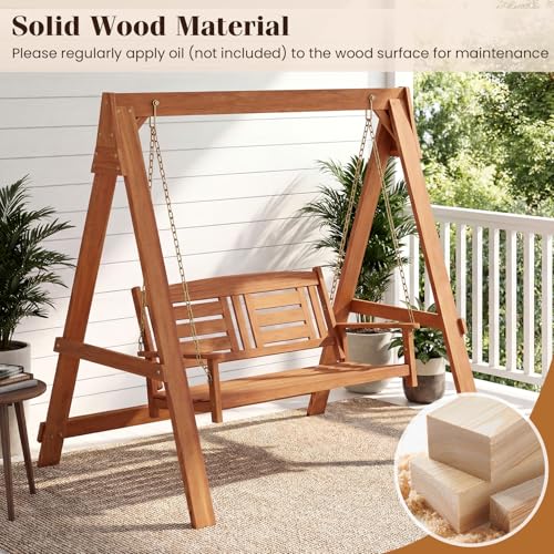 Image of Tangkula 2-Seater Porch Swing with Stand, Wood Patio Swing Loveseat Chair with Adjustable Chains, Built-in Backrest & Armrests, Outdoor Swing Bench Set for Garden, Backyard & Poolside