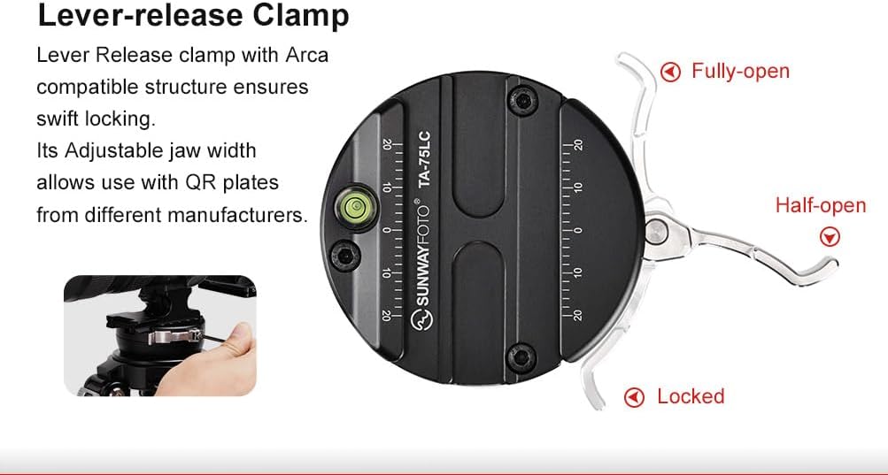 Sunwayfoto TA-75LC 75mm Leveling Half Ball Adapter + Lever Lock Clamp for Video Bowl Tripod Long Handle + Bubble Level + Sandbag Hook
