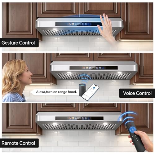 Image of Tieasy 36 Inch Under Cabinet Range Hood, 900 CFM Kitchen Vent Hood with 4-Speed Dual Motor Stove Hood, Smart WiFi Voice /Gesture /Remote /Touch Controls, Memory Function, Baffle Filters, Color Display