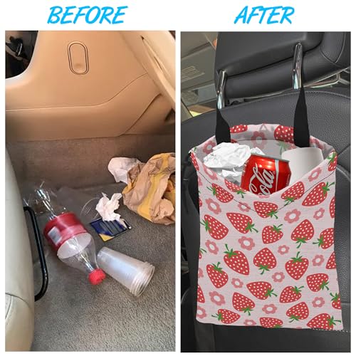 Image of Car Trash Bag Strawberry Flower Car Garbage Bag Hanging Car Trash Can for Back Seat with Drawstring