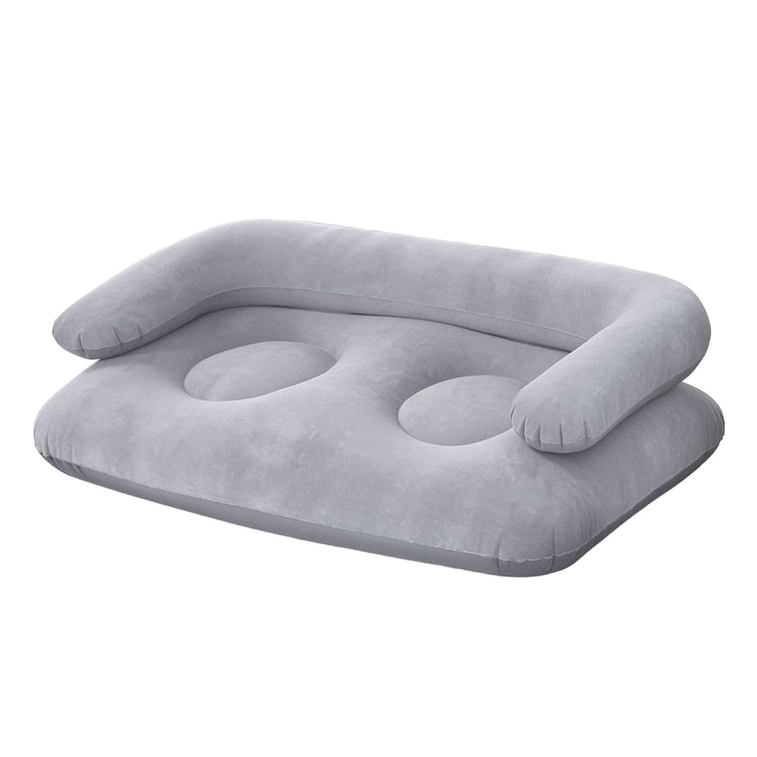 Flocked Inflatable Sofa with Armrests Comfortable Inflatable Sofa Seat Cozy Inflatable Chair Portable for Students, Guests, Campers, Dorm Room, Camping, Patio, Light Gray Double-image-3