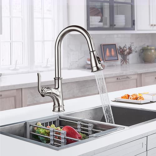 Robinet de cuisine avec douchette extractible avec douchette magnétique - Pivotant à 360 ° - 2 fonctions - En laiton - Finition nickel brossé Cover