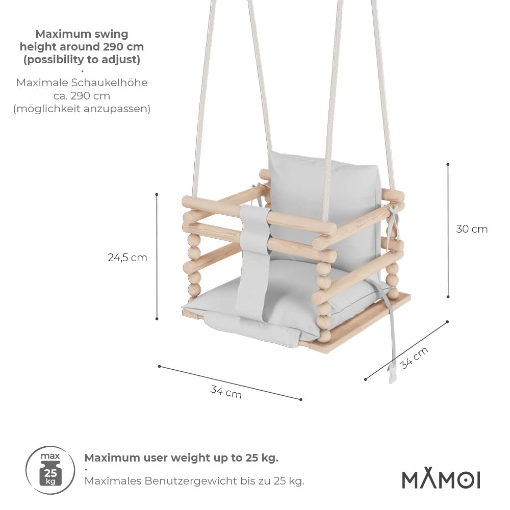 MAMOI® Columpio para bebés 3 en 1 + Cinturón de Seguridad | 190-260cm Ajuste de la Altura del Techo | Columpio para niños Interior Exterior | Columpio Bebe | 100% Eco | Hecho en la UE