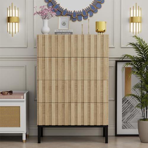 UEV Commode à 4 tiroirs, Commode Étroite avec Grand Espace de Rangement, Armoire avec Plafond Spacieux pour Salon, Chambre à Coucher, Pieds Métal, Motif de Ligne, 60 x 34,5 x 92 cm, Naturel