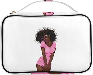 African American Black Woman Pink Dress Brown Afro Hairstyle Donna Jewelry Organizer Case, Portable Holder Storage Bag, Zipper Pouch per ragazze Ladies Roll Anelli, collane, bracciali, orecchini