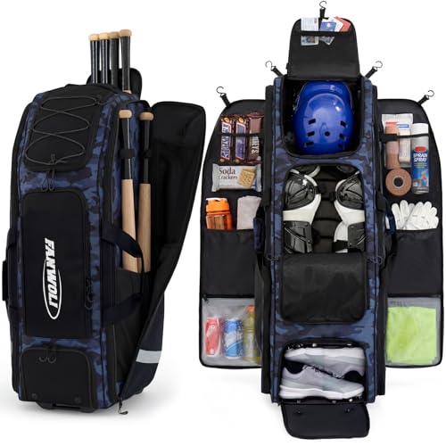 Fanwoli 100L Rolling Catchers Gear Bag for Baseball Softball, Tactical Strike Edition, Fits Full Set & 8 Bats, All-Terrain Wheels, Stand-Up Base, Vented Shoe Zone, Reflective Strip, Fence Hooks (Grey)