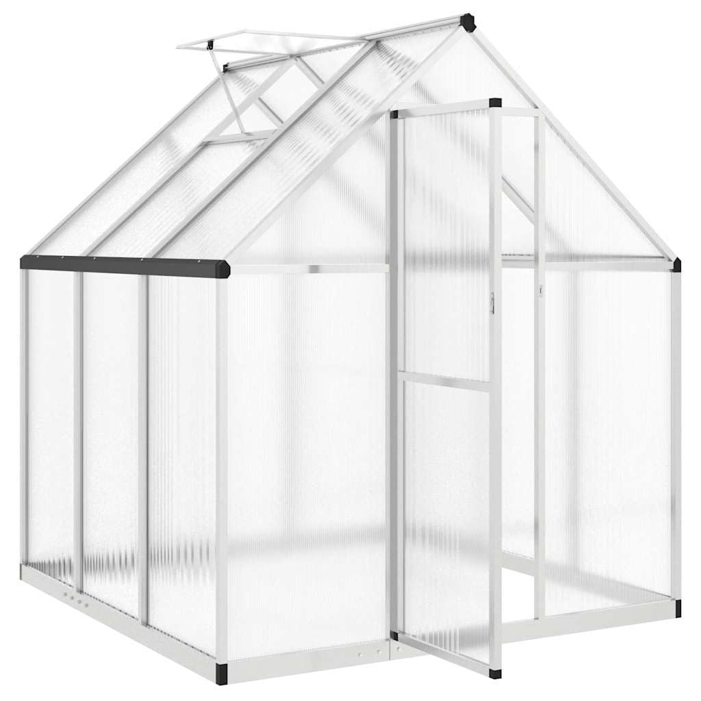 Serra con telaio di fondazione argento in alluminio, 169 x 169 x 195 cm, con pannelli in policarbonato, porta a battente e finestra di ventilazione, ideale come serra, aiuola, casa per piante