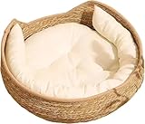 Cesta per Gatti, Cesta Rotonda per Gatti in Vimini, 35 cm, Lavorata a Mano, con Cuscino in Cotone, per Tutte le Stagioni