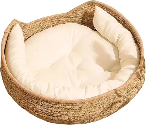 Cesta per Gatti, Cesta Rotonda per Gatti in Vimini, 35 cm, Lavorata a Mano, con Cuscino in Cotone, per Tutte le Stagioni