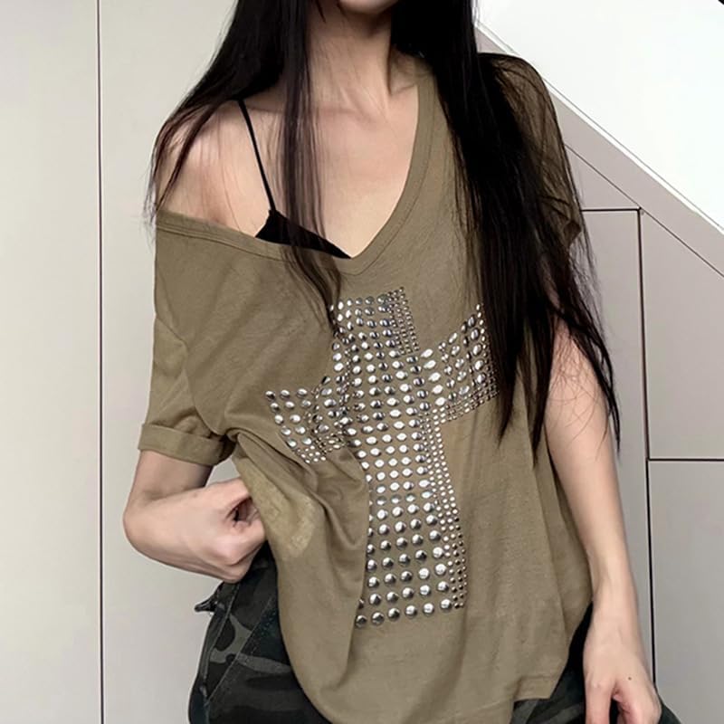 Punk Goth Cross Graphic Tshirts Emo Grunge Off Shoulder Summer Y2K Vintage Shirt Top 90s Fairy Harajuku Tee Clothes - Image 3