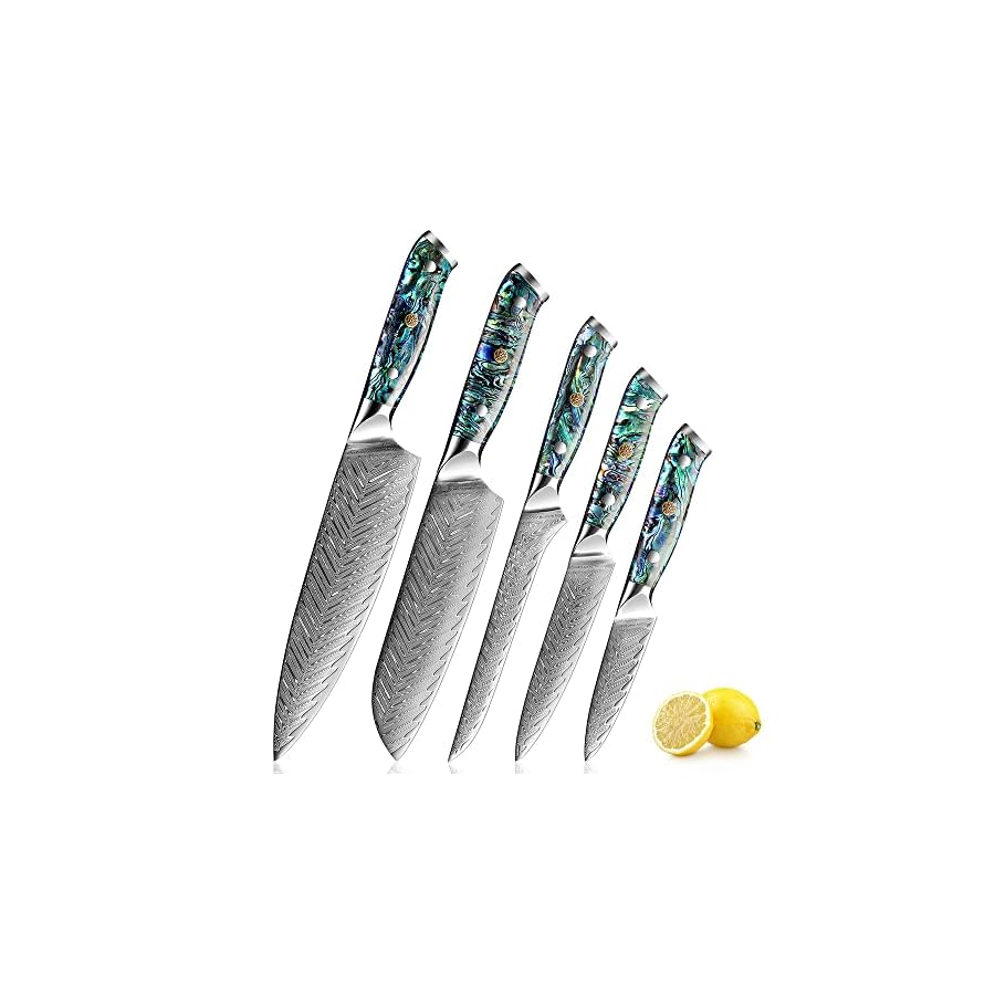 SENKEN-Damascus-Steel-Kitchen-Knife-Set-Umi-Collection-67-Layer-Japanese-VG10-Steel-Real-Deep-Sea-Abalone-Shell-Handle-Chefs-Knife-Santoku-Paring-Fillet-Utility-5-Piece-Damascus-Knife-Set SENKEN Damascus Steel Kitchen Knife Set - Umi Collection - 67-Layer Japanese VG10 Steel, Real Deep-Sea Abalone Shell Handle, Chef's Knife, Santoku, Paring, Fillet, Utility (5-Piece Damascus Knife Set)