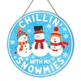 ZODGMED Winter Front Door Decor Sign, Winter Signs for Front Door Home Office Porch Patio, Winter Holiday Rustic Hanging Sign Wall Decorations, Chillin' with My Snowmies