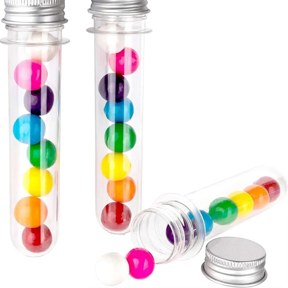 20 tubos de ensayo de 100 ml de plástico transparente con tapón de rosca, botella de prueba reutilizable para tubos de flores, manualidades, decoración de fiestas, caramelos, polvo, especias