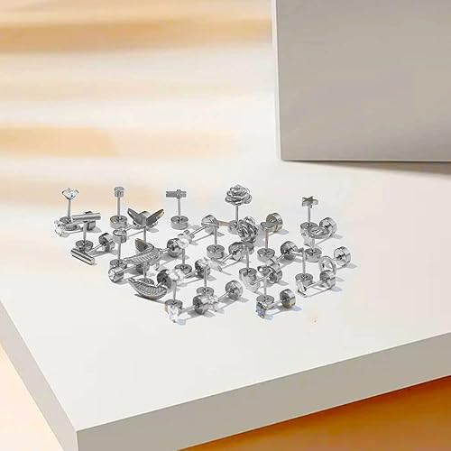 Miniatura 6 de 18 pares de aretes tipo dormilona para mujeres y hombres, de acero inoxidable quirúrgico 316L, hipoalergénicos, con parte trasera plana, aretes de