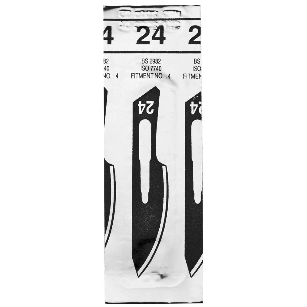 Set - 100 piezas hojas de bisturí No. 24 y mango de bisturí No. 4 - Hojas de repuesto para bisturí hechas de acero al carbono - Estéril