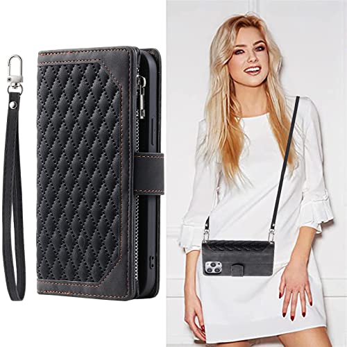 Étui portefeuille à bandoulière pour Apple iPhone 12 Pro Max en cuir noir avec zip