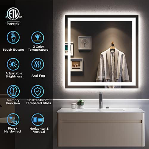 Image of 36x36 Inch LED Bathroom Mirror with Lights Front and Backlit Lighted Vanity Mirror for Bathroom Wall with 3 Colors Dimmable Anti-Fog Memory Shatter-Proof IP54 Waterproof Horizontal /Vertical