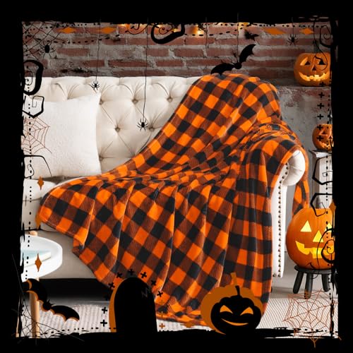 Image of BEDELITE Halloween Blanket for Decor & Gift, Orange and Black Buffalo Plaid Twin Blanket for Couch Bed, Soft & Warm Fleece Blanket for Women Men, 60 inchx80 inch